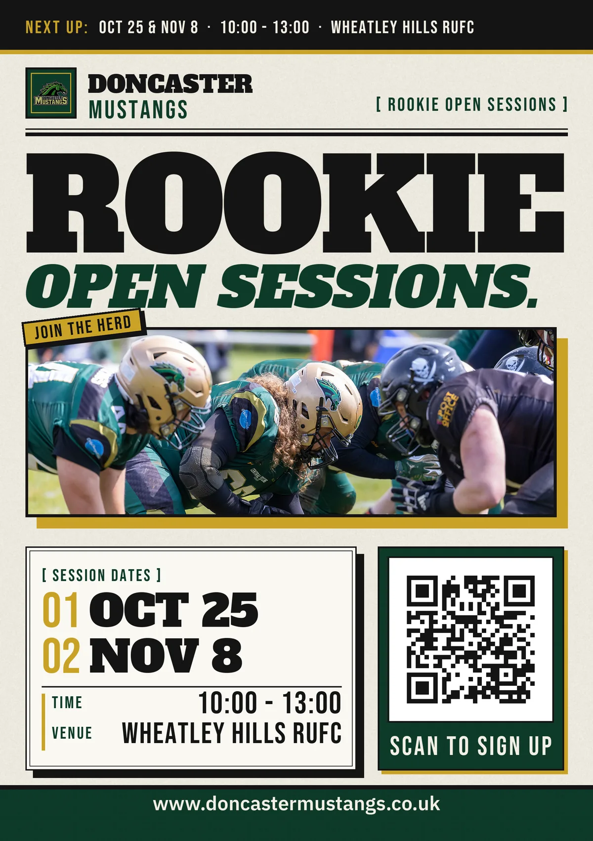 Doncaster Mustangs Rookie Open Sessions poster featuring football players in action, event dates for 25 Oct and 8 Nov 2026 at Wheatley Hills RUFC from 10:00 to 13:00, and a QR code to sign up.